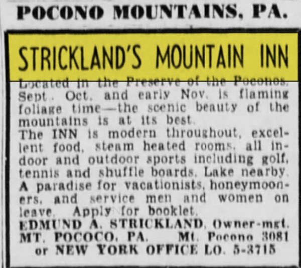 Stricklands Mountain Inn and Cottages - Aug 1945 Ad